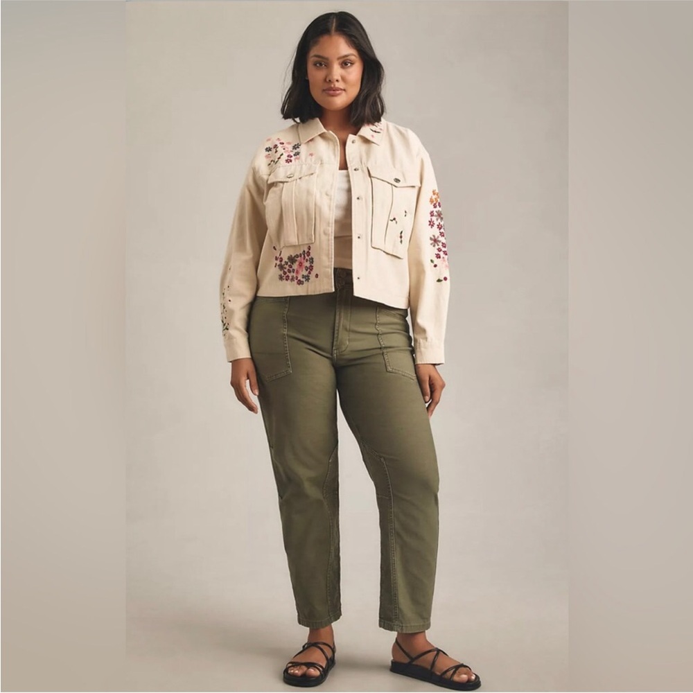 DOLAN Anthropologie Floral Embroidered cream denim jean Jacket size Large new - Picture 5 of 7